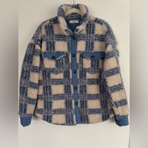 Shop Talulah Blue Moon Teddy Shacket, Size Medium, Blue and Cream Plaid.